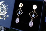 Moonstone and Rose Quartz 14k Gold Geometric Drop Earrings