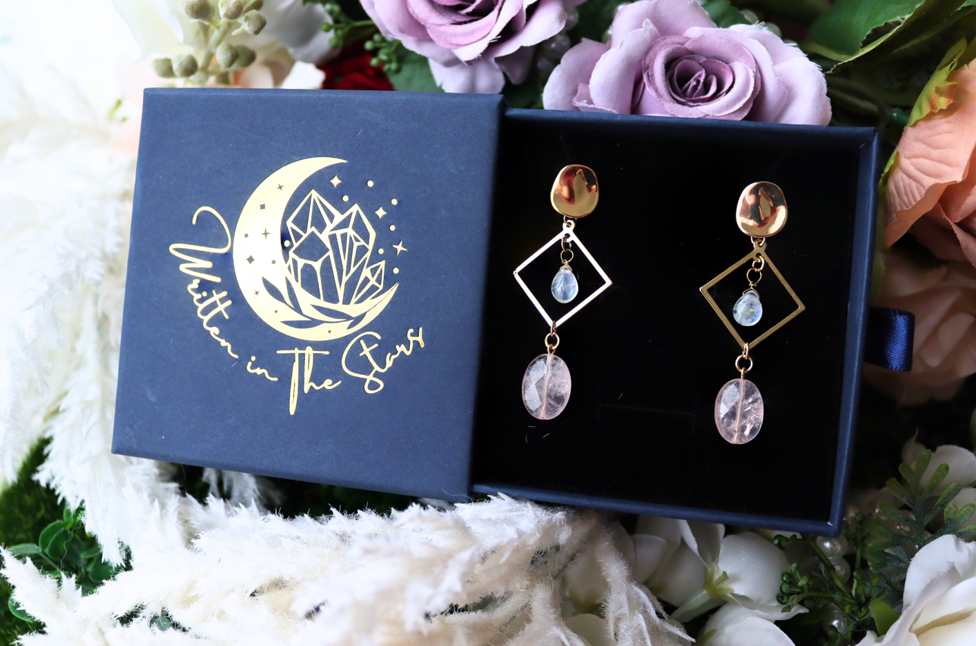 Moonstone and Rose Quartz 14k Gold Geometric Drop Earrings