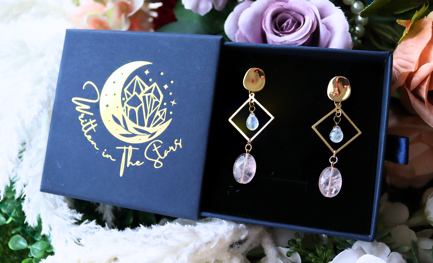 Moonstone and Rose Quartz 14k Gold Geometric Drop Earrings