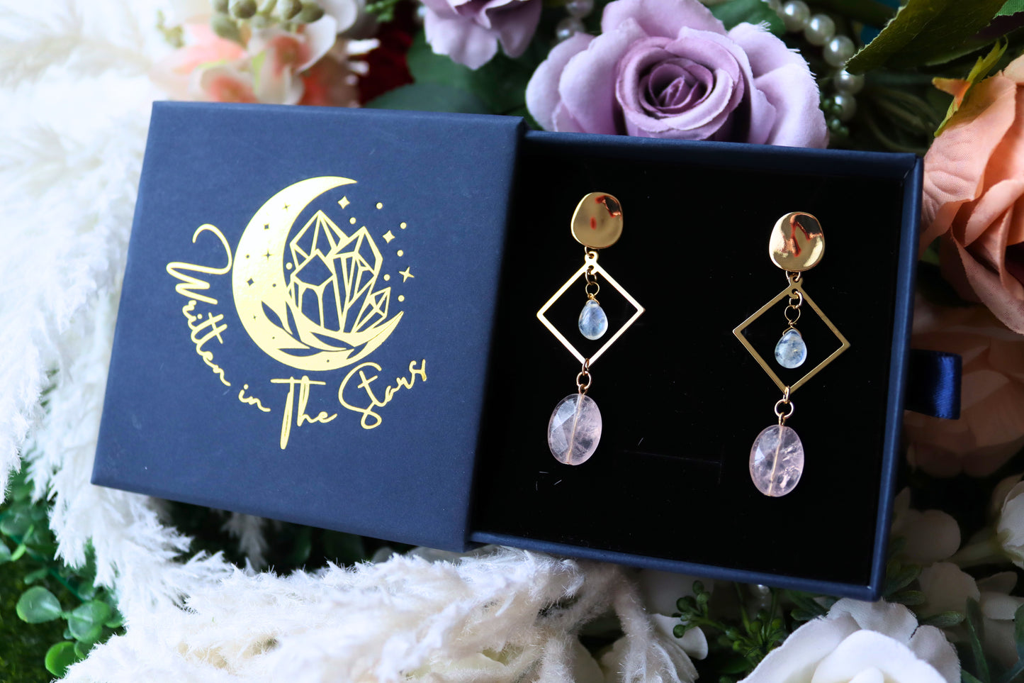 Moonstone and Rose Quartz 14k Gold Geometric Drop Earrings