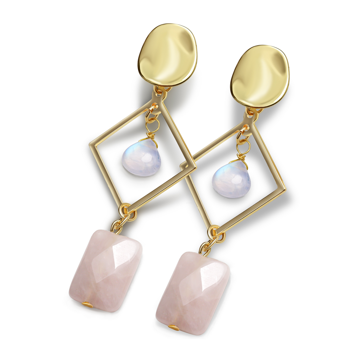 Moonstone and Rose Quartz 14k Gold Geometric Drop Earrings