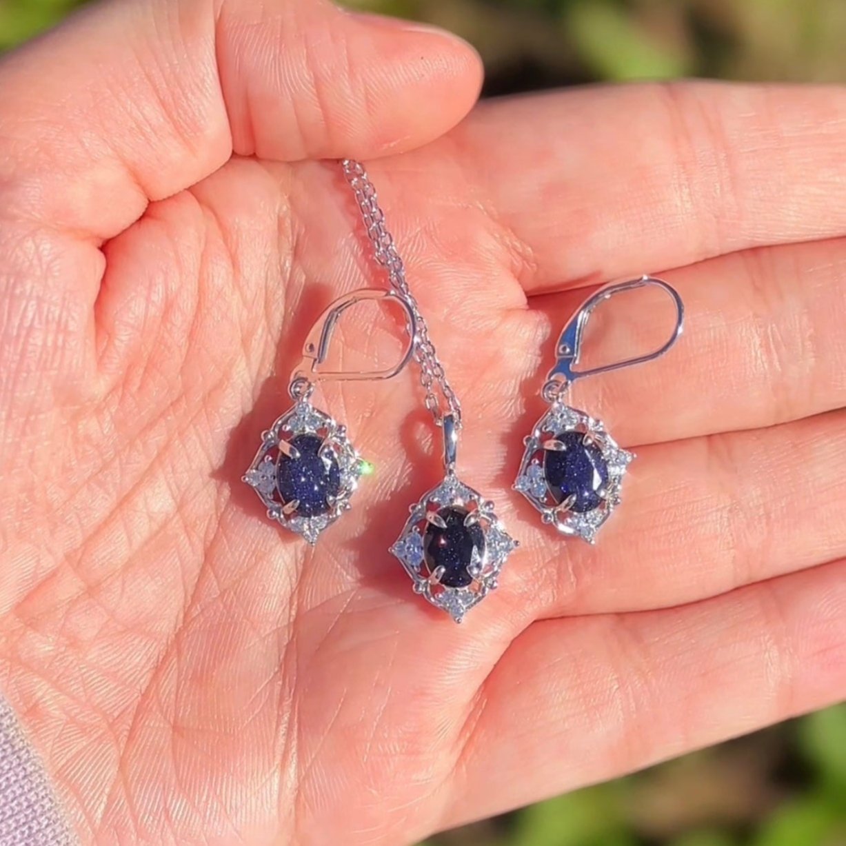 High Lady of Stars Blue Sandstone Earrings and Necklace Set