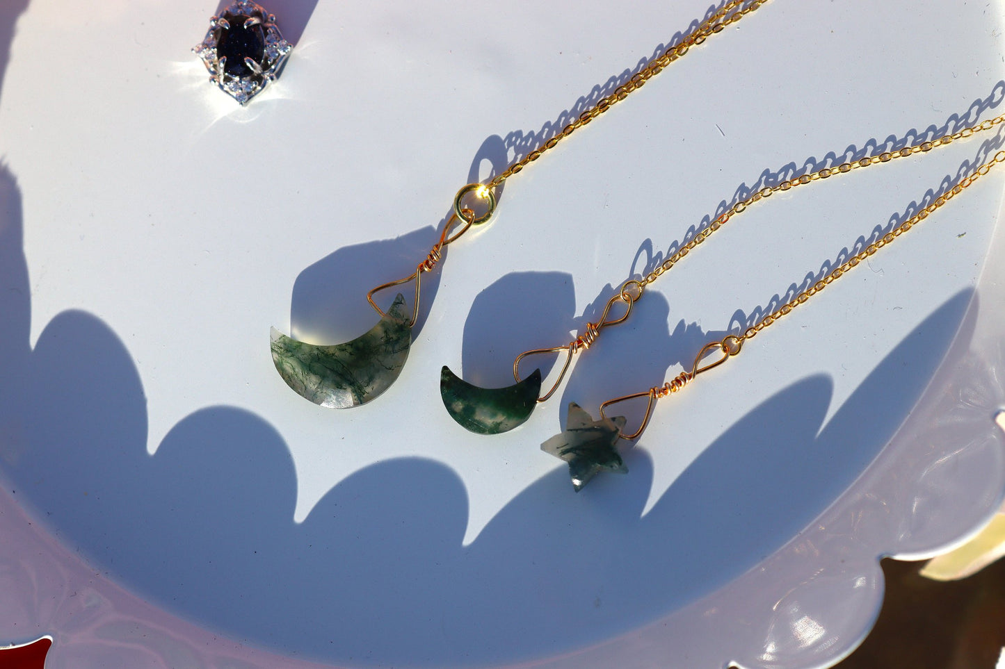 Moon and Stars Moss Agate Crescent Moon Necklace and Earrings Set