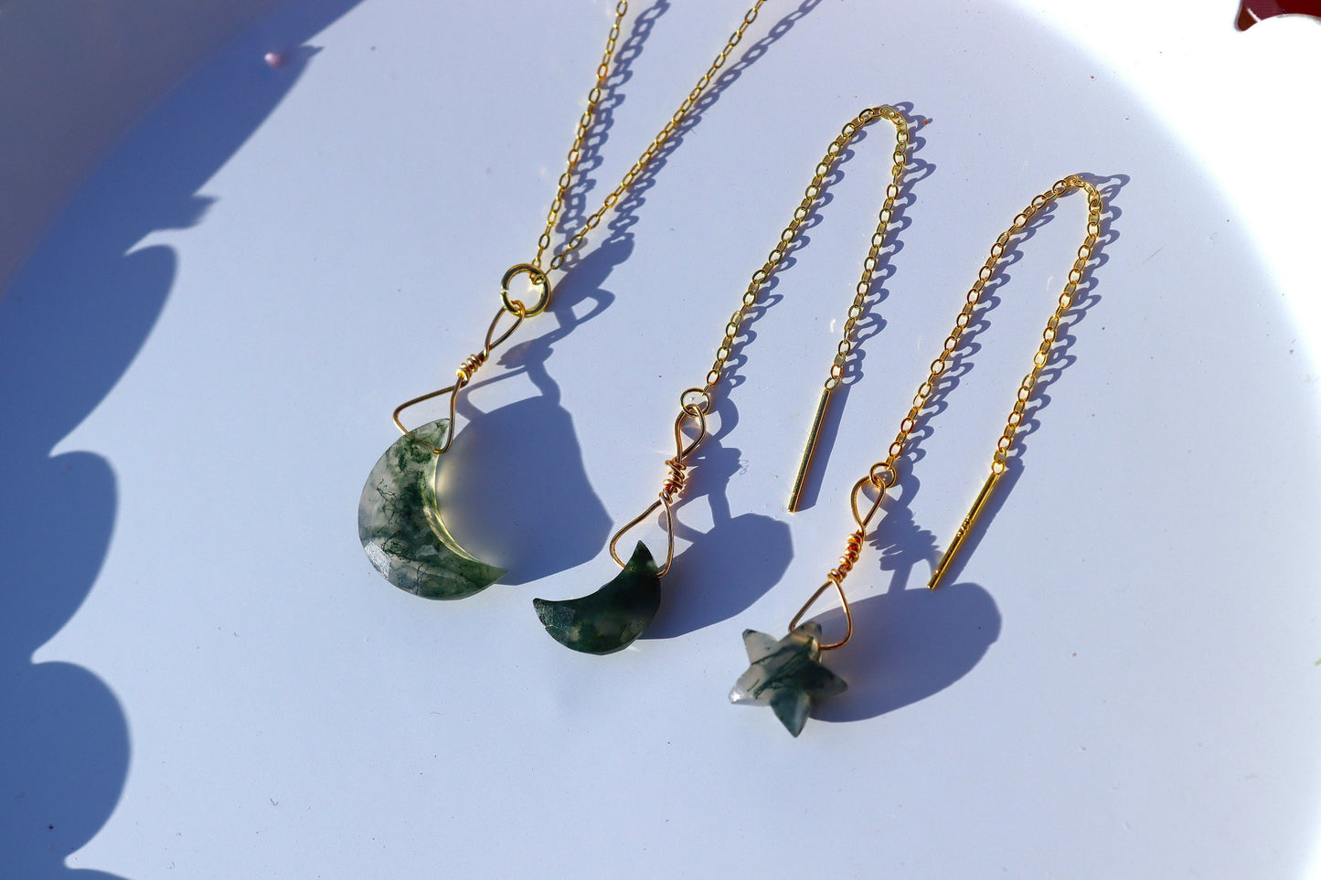 Moon and Stars Moss Agate Crescent Moon Necklace and Earrings Set