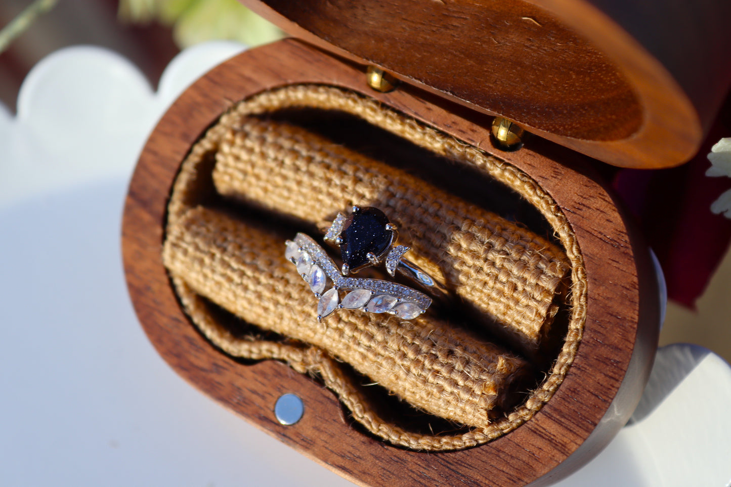 Winter Nights Blue Sandstone and Rainbow Moonstone Ring Set