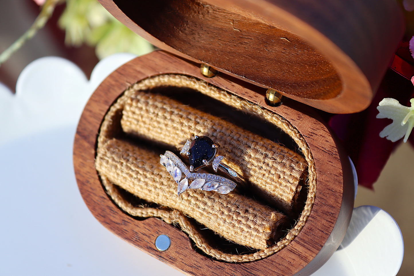 Winter Nights Blue Sandstone and Rainbow Moonstone Ring Set