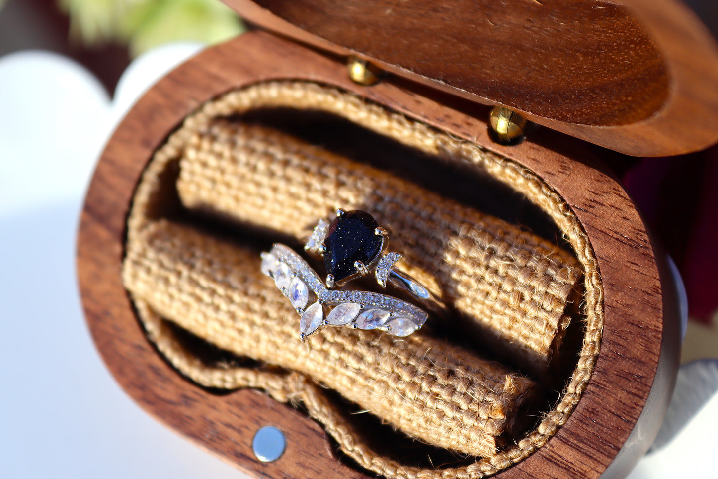 Winter Nights Blue Sandstone and Rainbow Moonstone Ring Set