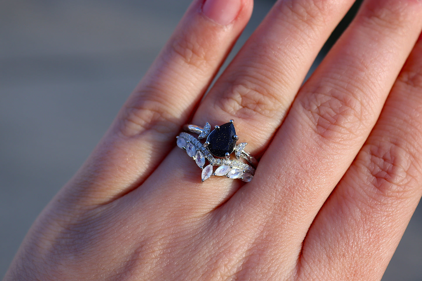 Winter Nights Blue Sandstone and Rainbow Moonstone Ring Set