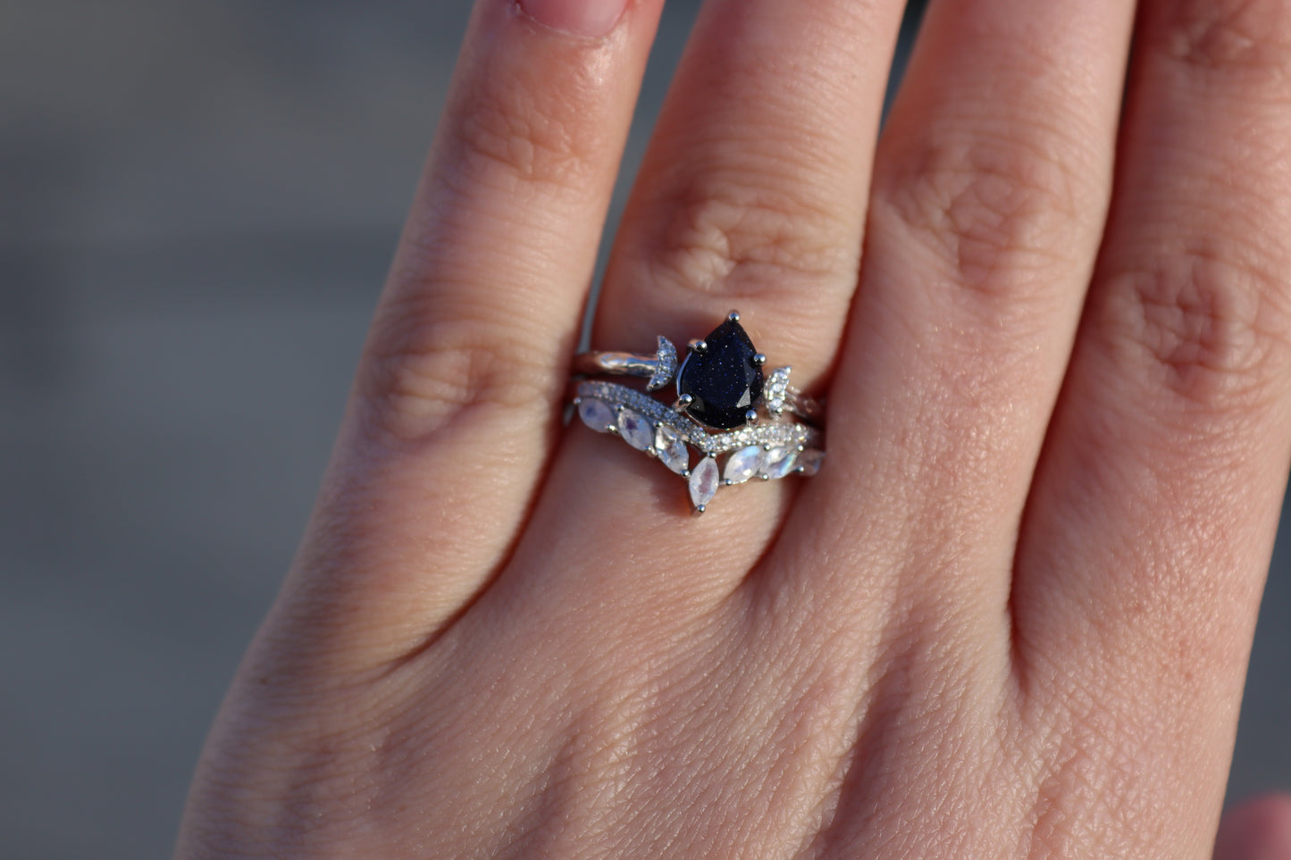 Winter Nights Blue Sandstone and Rainbow Moonstone Ring Set