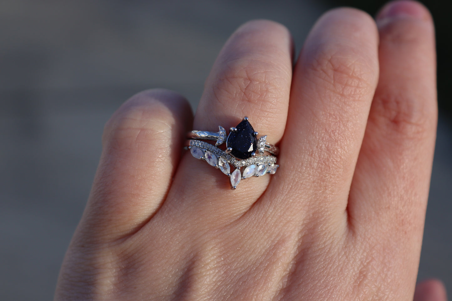 Winter Nights Blue Sandstone and Rainbow Moonstone Ring Set