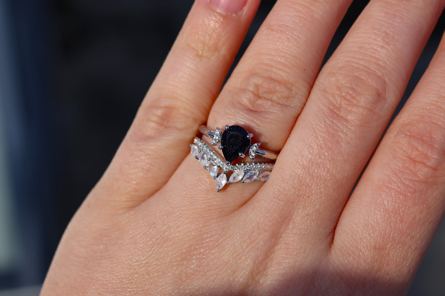 Winter Nights Blue Sandstone and Rainbow Moonstone Ring Set