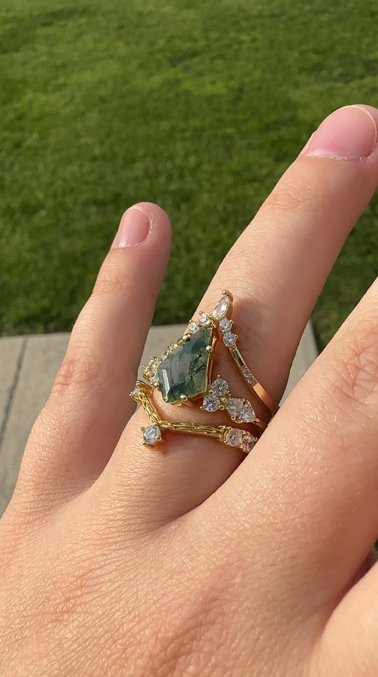 Empire Moss Agate 14k Gold Ring Set