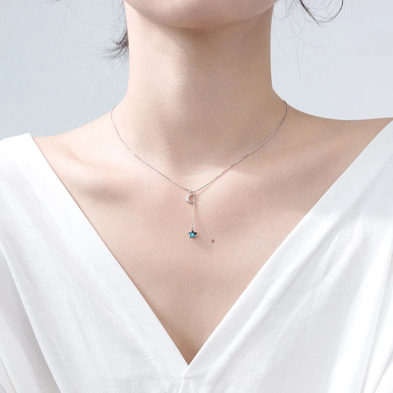 Wish Upon a Star Crescent Moon Blue Crystal Star Necklace