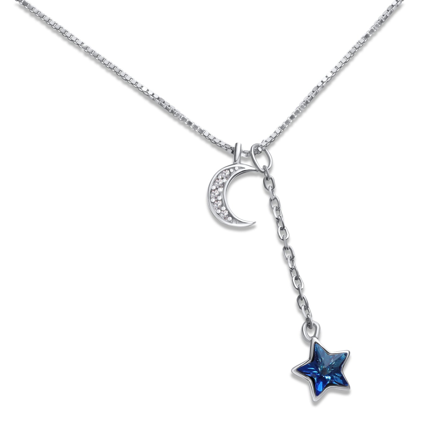 Wish Upon a Star Crescent Moon Blue Crystal Star Necklace