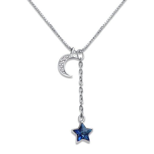 Wish Upon a Star Crescent Moon Blue Crystal Star Necklace