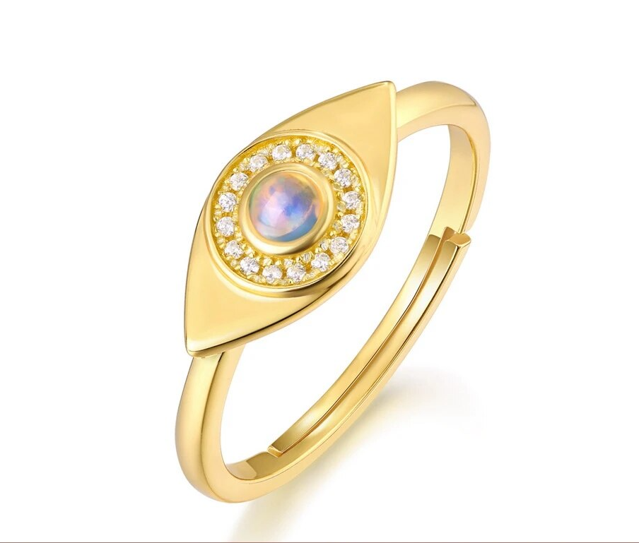 Eye of the Universe Adjustable Gold Simulated Opal Evil Eye Ring