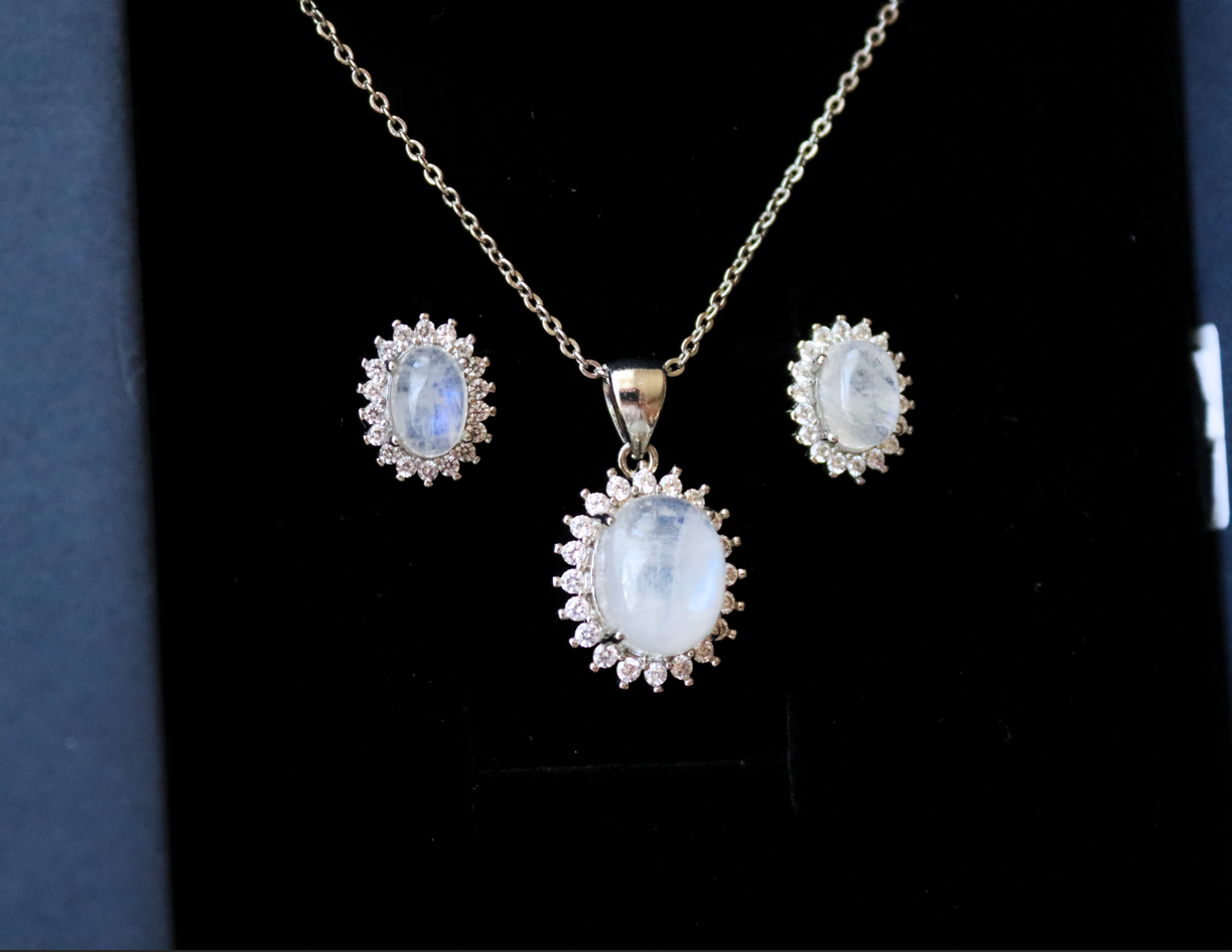 Sunflower Rainbow Moonstone Necklace and Earrings Set