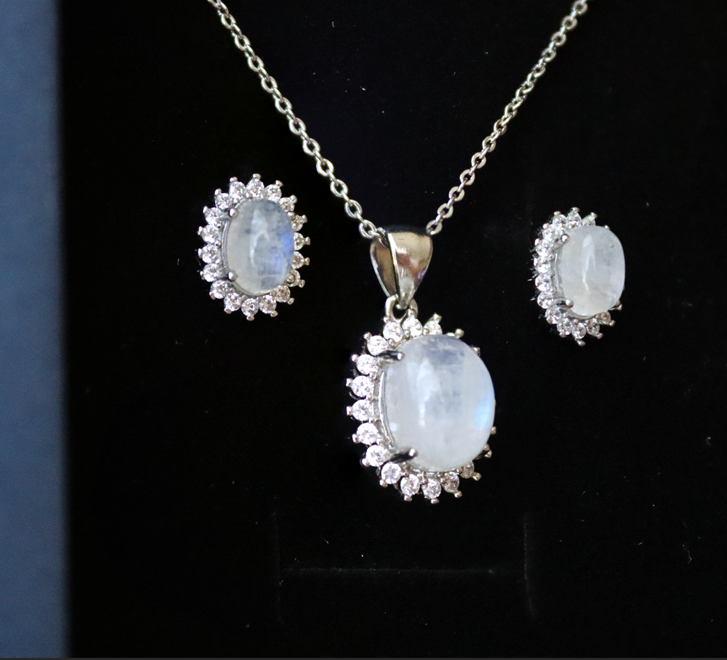 Sunflower Rainbow Moonstone Necklace and Earrings Set