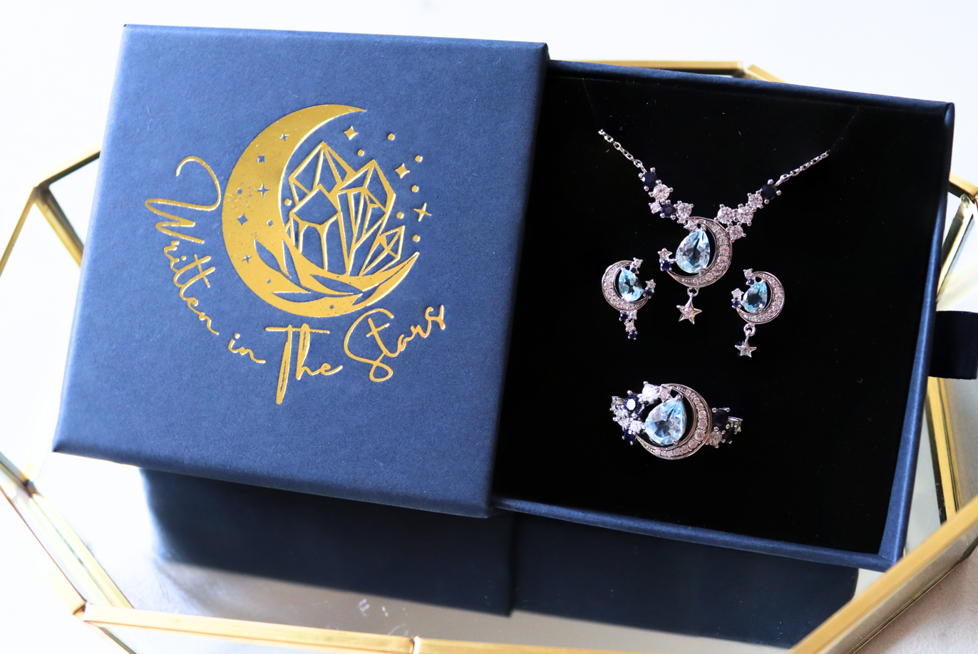 Lunar Tears Sky Blue Topaz Ring, Necklace, and Earrings Gift Set