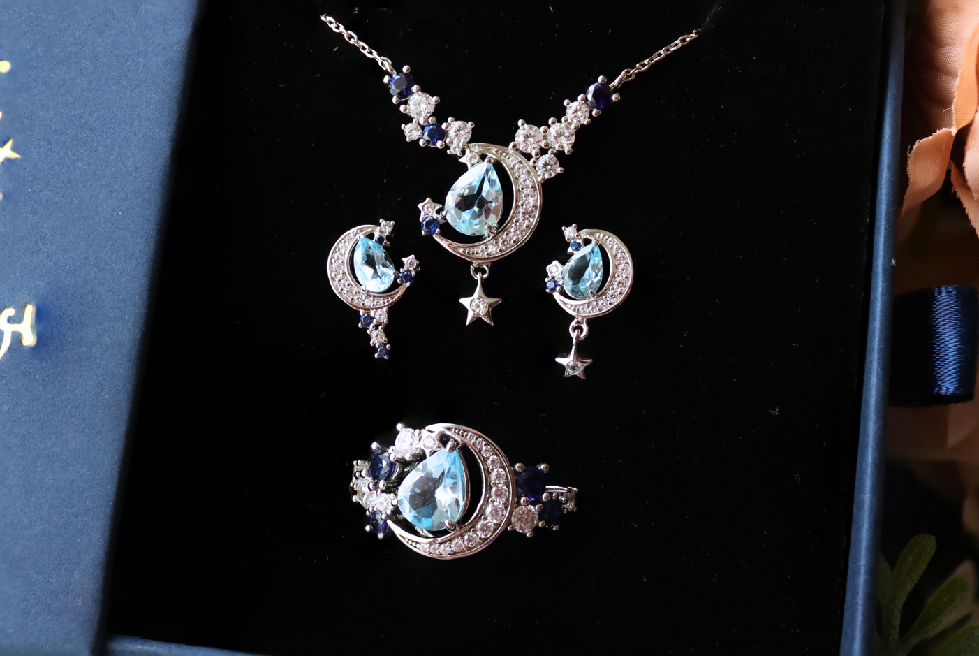 Lunar Tears Sky Blue Topaz Ring, Necklace, and Earrings Gift Set