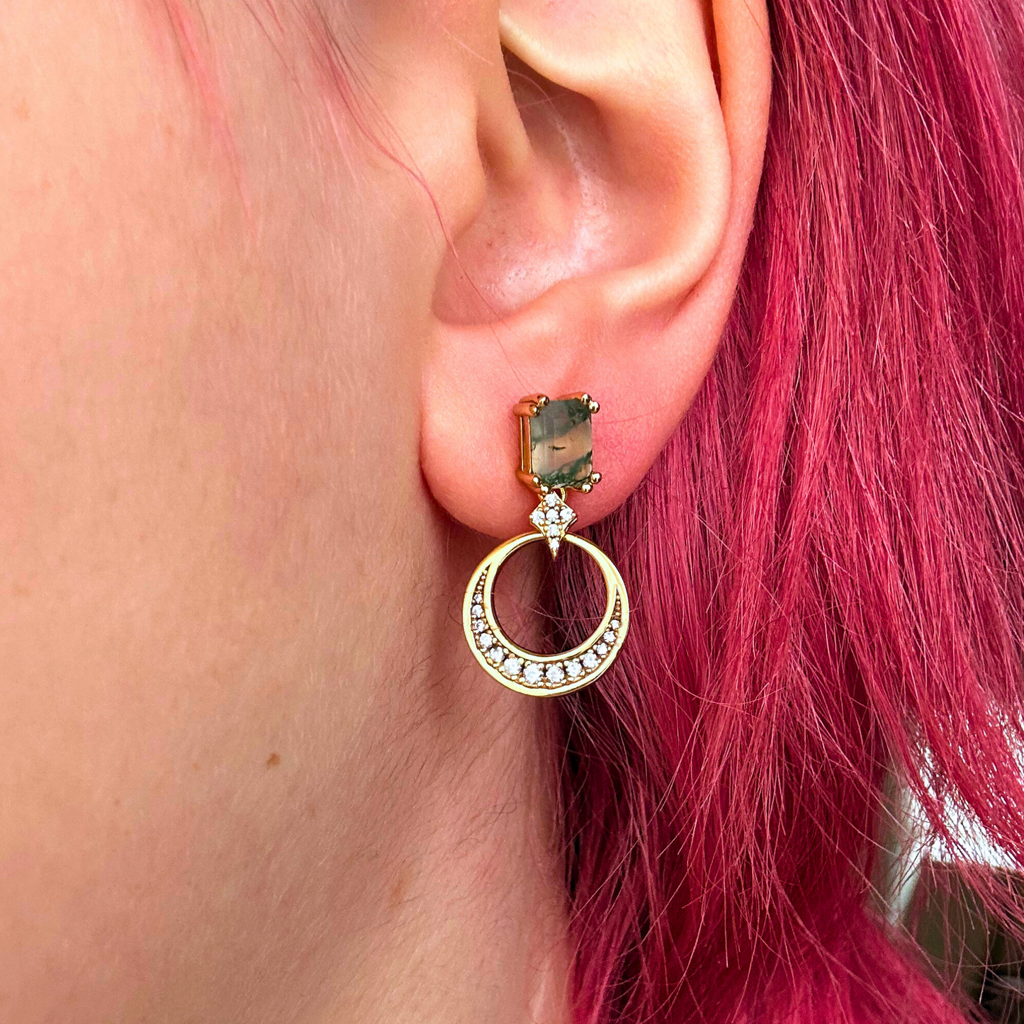 Morning Sun Moss Agate Gold Drop Earring Hoops