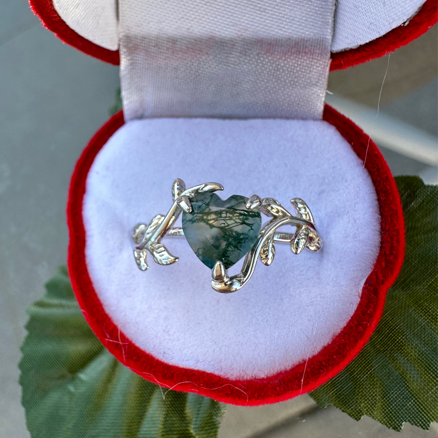 Mother Earth Moss Agate Heart Ring