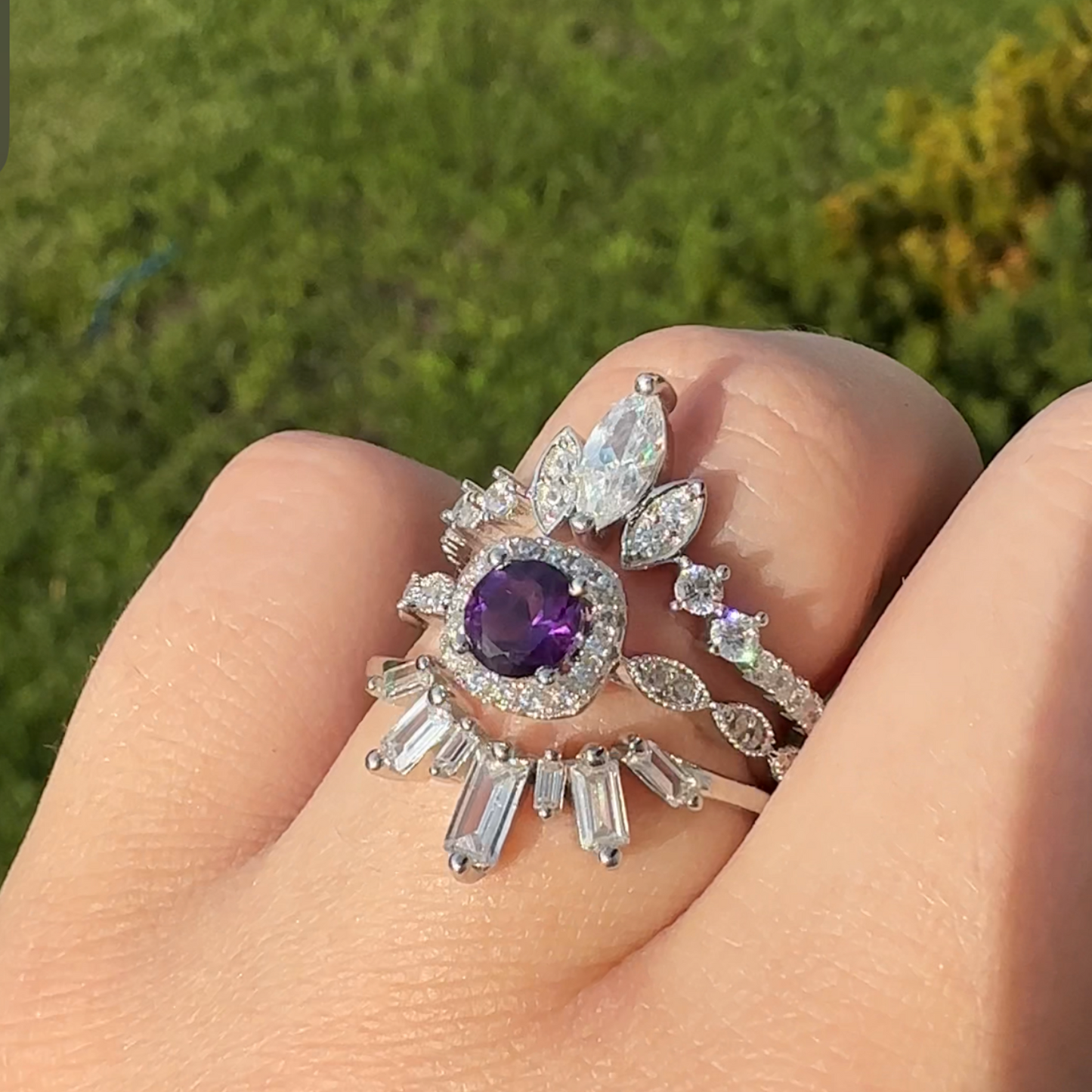 Cosmic Center and Queen of Stars Amethyst Ring Set