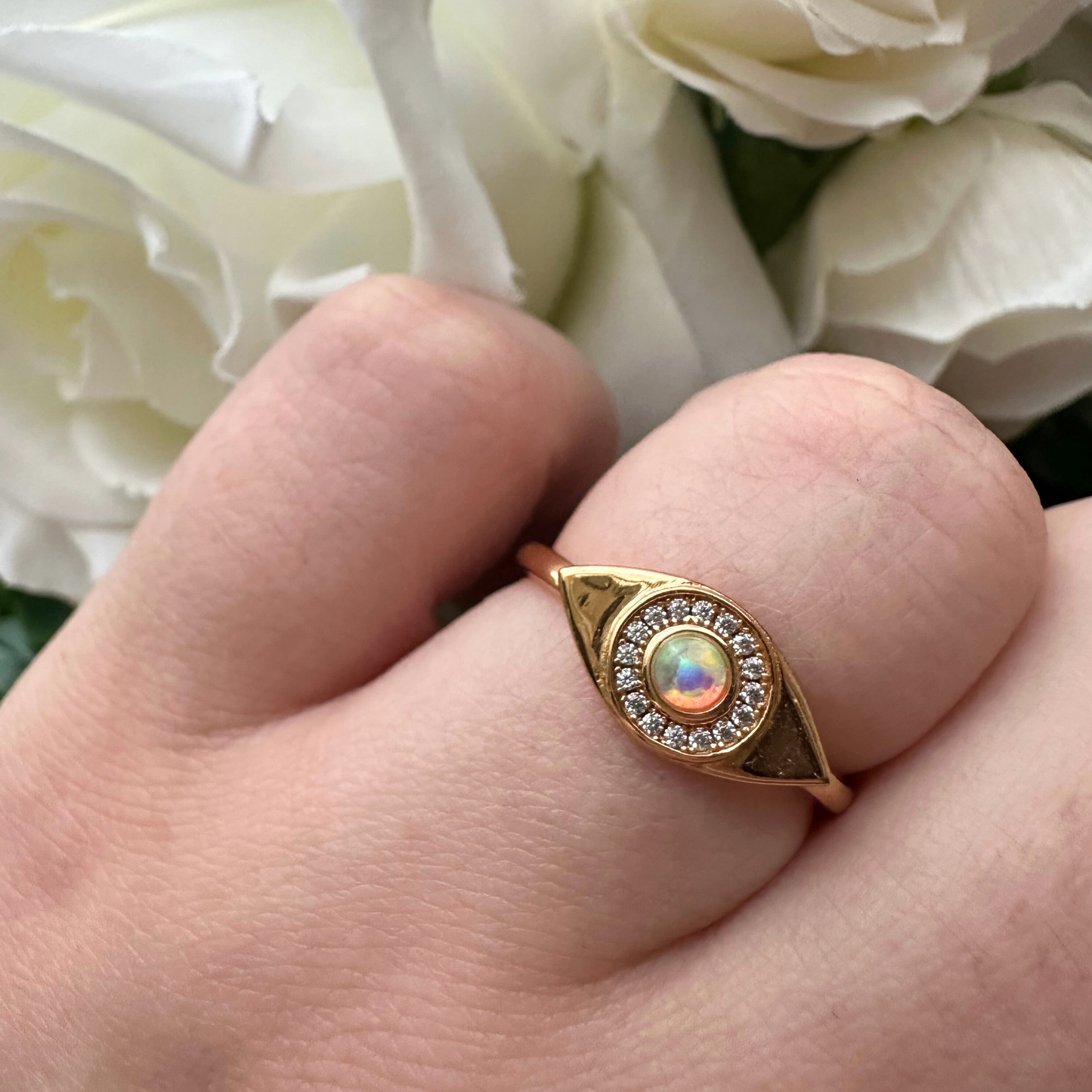 Eye of the Universe Adjustable Gold Simulated Opal Evil Eye Ring