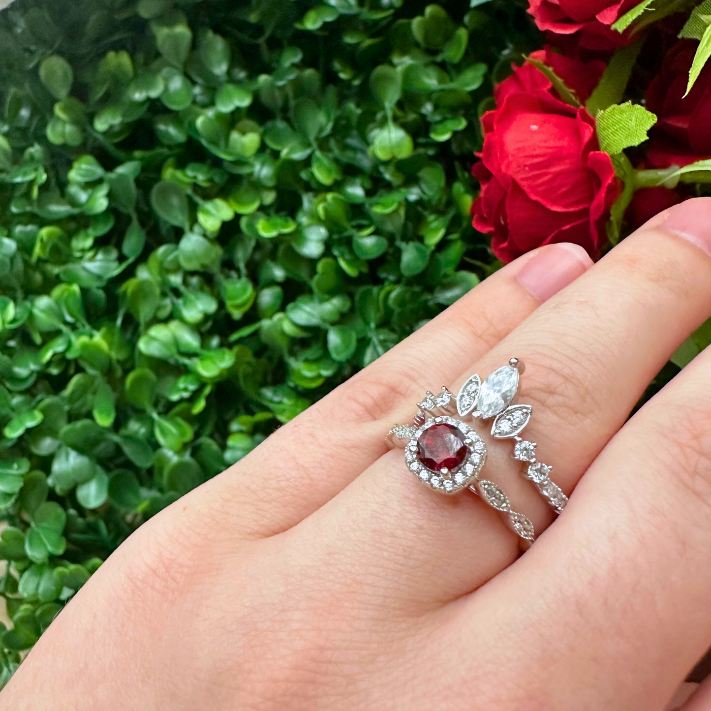 Cosmic Center and Queen of Stars Garnet Ring Set