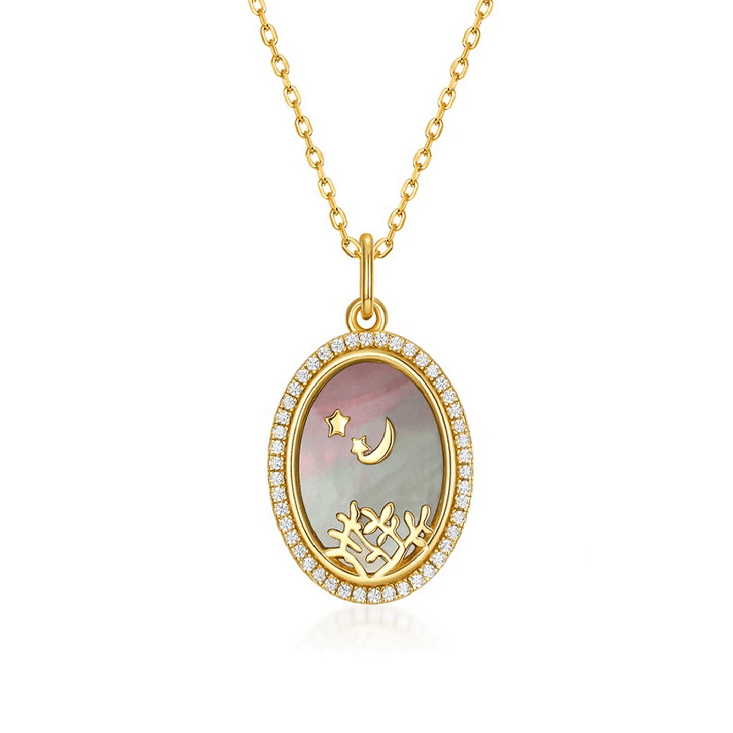 Aurora Nights Black Shell Moon and Stars Gold Necklace