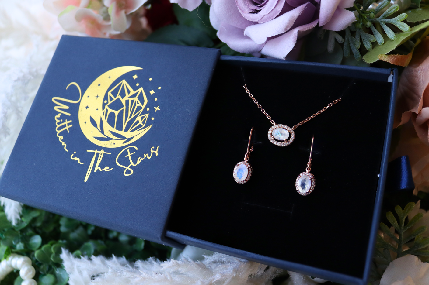 Celestial Body Moonstone Necklace and Earrings Set