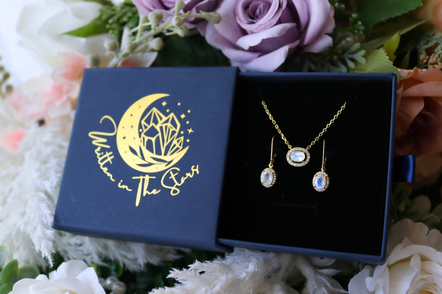 Celestial Body Moonstone Necklace and Earrings Set