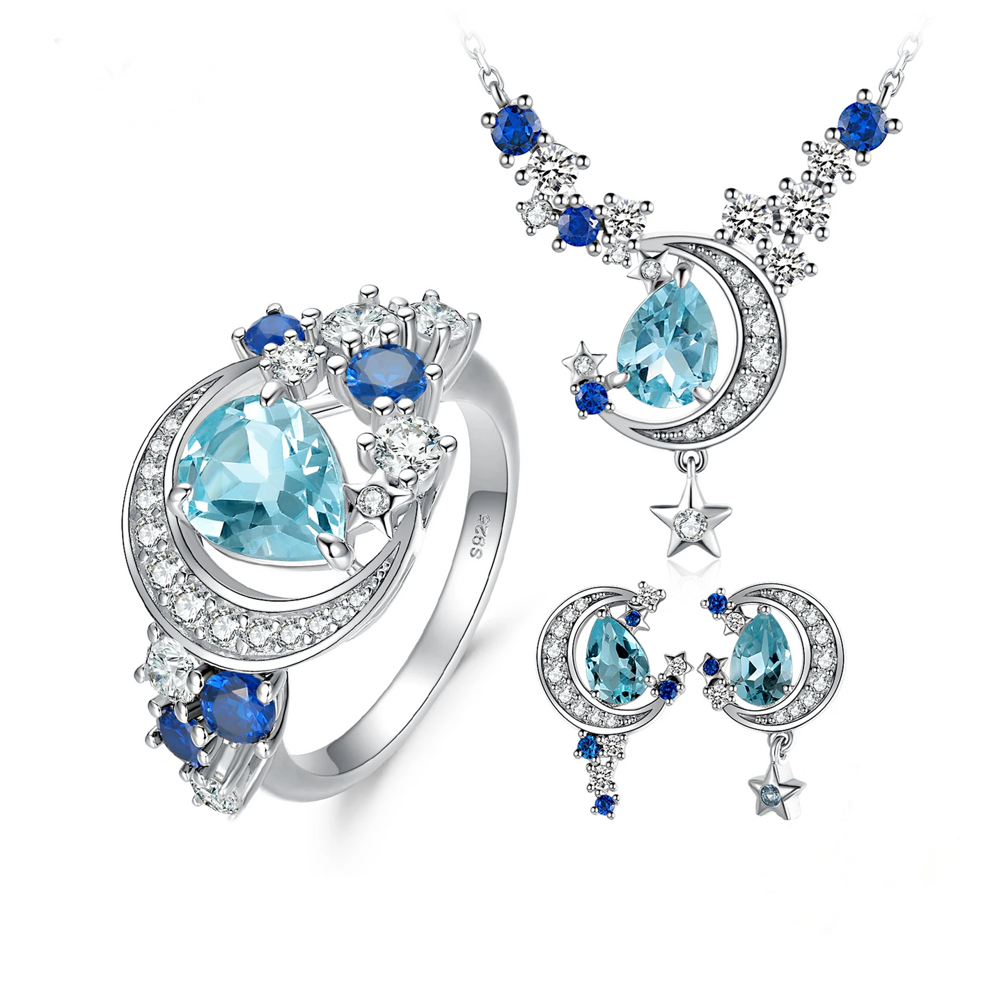 Lunar Tears Sky Blue Topaz Ring, Necklace, and Earrings Gift Set